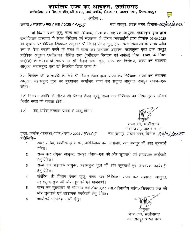 महासमुंद व्यापारियों की शिकायत पर वसूलीबाज अधिकारी निलंबित Web Morcha वसूलीबाज अधिकारी निलंबित