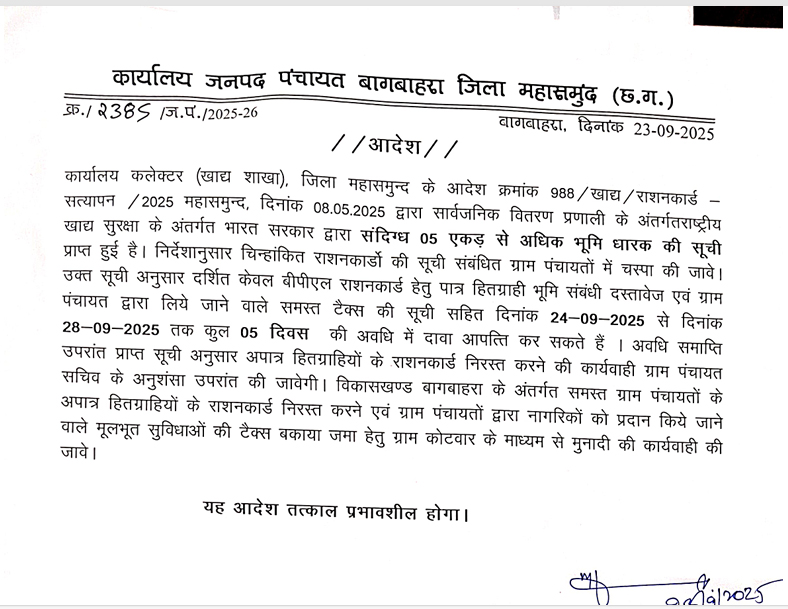महासमुंद में राशन कार्डों की बड़ी जांच: 5 एकड़ से ज्यादा जमीन वालों की होगी छंटनी Web Morcha Major ration card scrutiny in Mahasamund: More than 5 percent