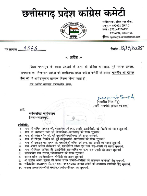 महासमुंद: कांग्रेस नेता अंकित बागबाहरा का निष्कासन रद्द, पार्टी ने दिया क्लीन चिट Web Morcha महासमुंद: कांग्रेस नेता अंकित बागबाहरा