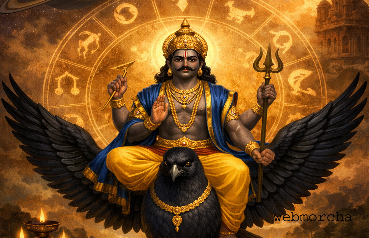 शनिदेव का प्रतीकात्मक स्वरूप, शनिवार राशिफल के लिए ज्योतिषीय पृष्ठभूमि वाली इमेज