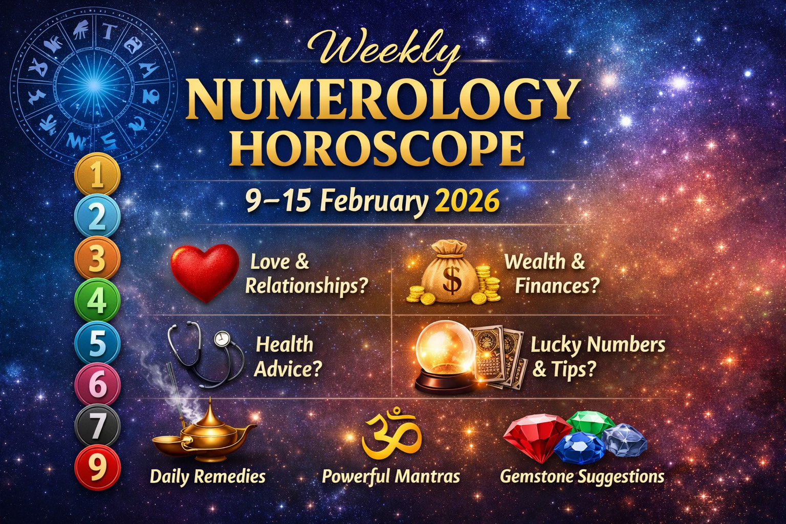 9 से 15 फरवरी 2026 का साप्ताहिक अंक ज्योतिष, मूलांक 1 से 9 तक प्रेम, धन, सेहत, शुभ अंक, रंग और उपाय