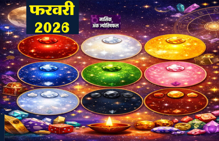 फरवरी 2026 अंक ज्योतिष की प्रतीकात्मक इमेज, चंद्रमा, सितारे और नौ रंगीन ऊर्जा गोले