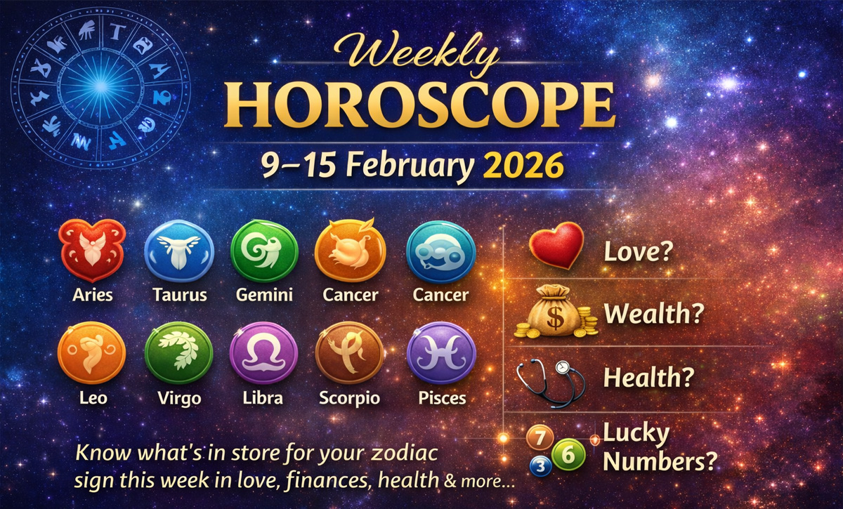 9 से 15 फरवरी 2026 का साप्ताहिक राशिफल मेष से मीन तक, प्रेम, धन, सेहत, शुभ अंक और रंग