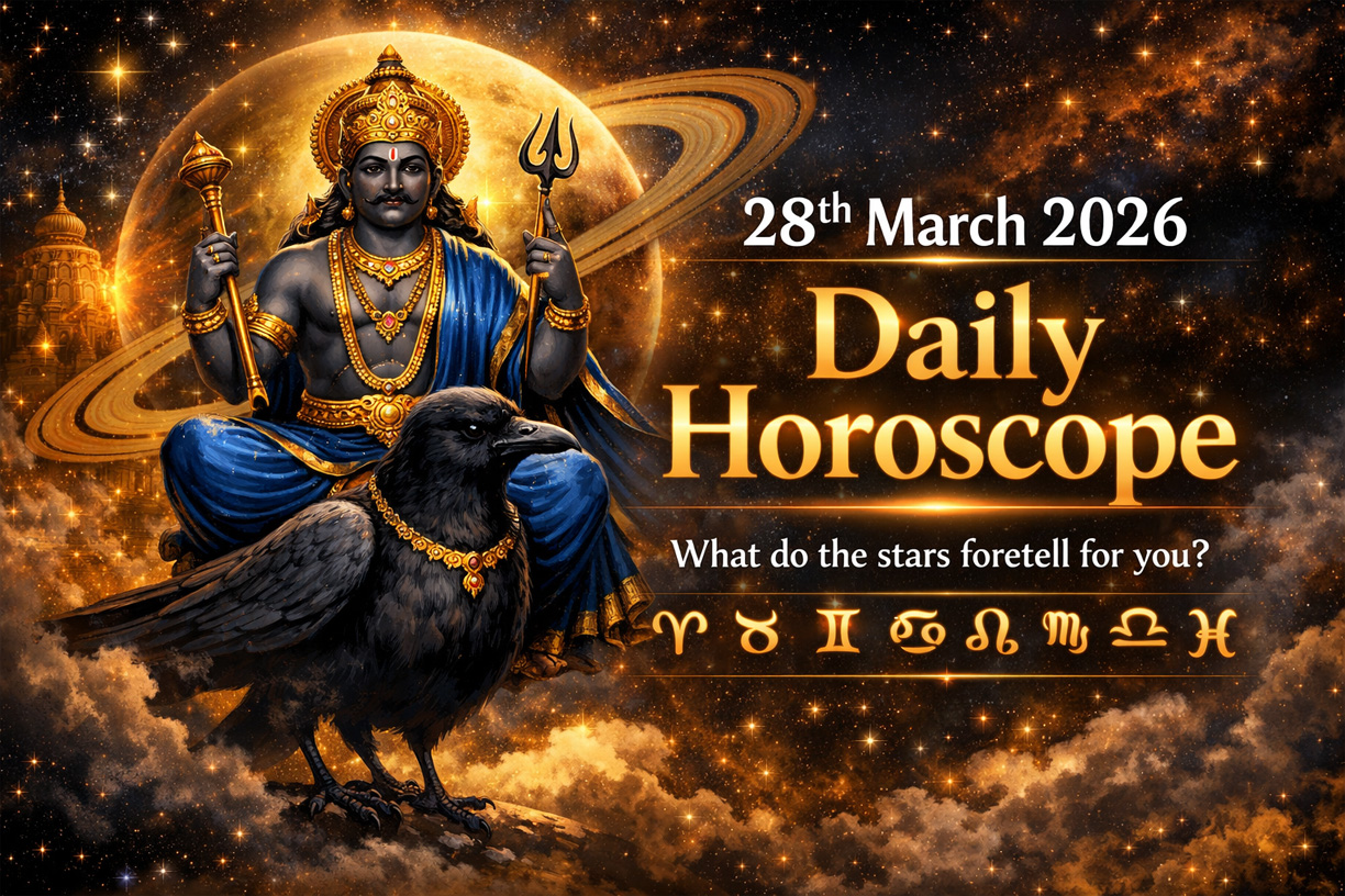 28 March 2026 Daily Horoscope with Lord Shani Dev illustration and zodiac signs