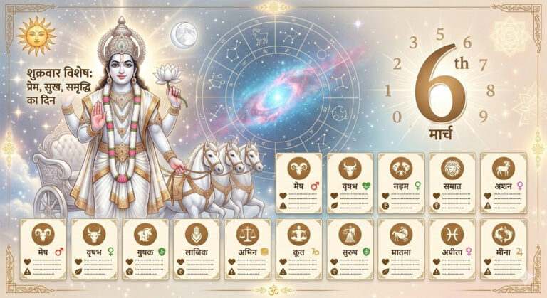आज का राशिफल: 6 मार्च 2026, शुक्रवार – शुक्र की कृपा से इन राशियों को मिलेगा प्रेम और धन का वरदान!