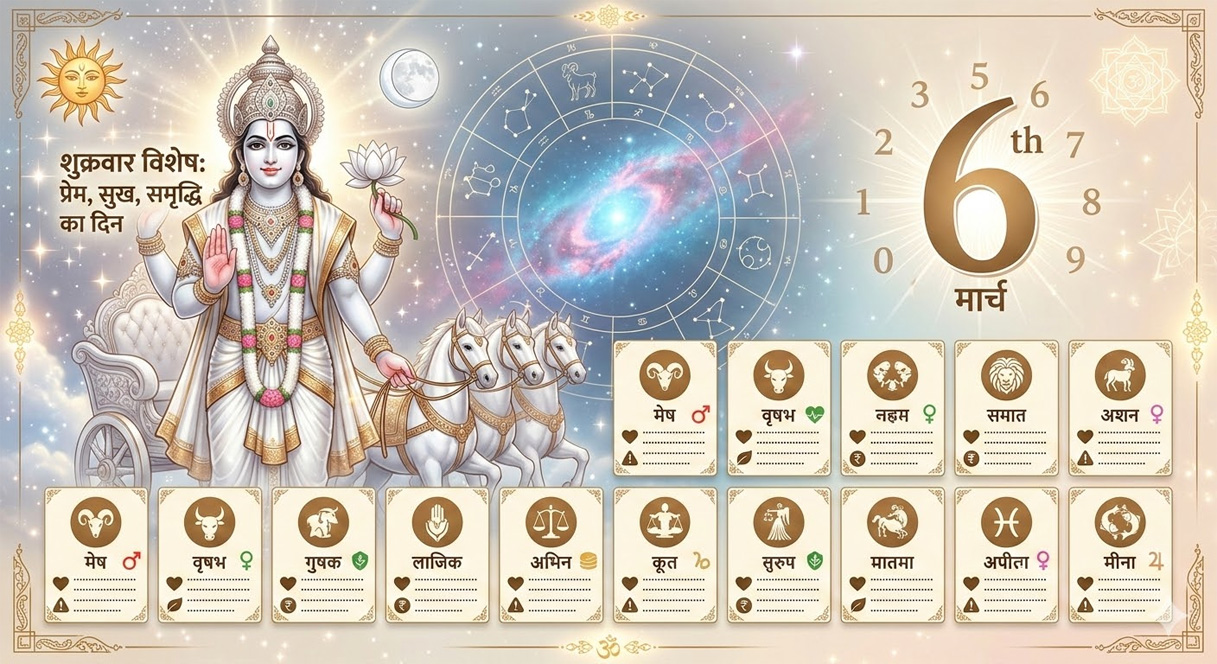 आज का राशिफल: 6 मार्च 2026, शुक्रवार – शुक्र की कृपा से इन राशियों को मिलेगा प्रेम और धन का वरदान!