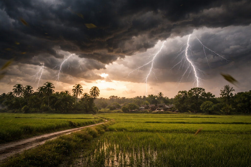 Home Web Morcha छत्तीसगढ़ के ग्रामीण क्षेत्र में काले बादलों के बीच तेज बिजली कड़कती हुई, खेतों के ऊपर बनता तूफानी मौसम और बारिश का दृश्य