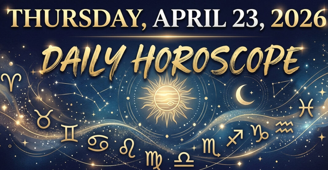 Thursday, April 23, 2026 Daily Horoscope with gold text, zodiac signs, moon, and sun on a dark blue starry cosmic background with decorative gold borders. (This is descriptive and good for accessibility and SEO.)