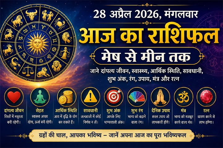 28 अप्रैल 2026 का राशिफल: मेष से मीन तक जानें दांपत्य, सेहत, धन, शुभ अंक, रंग और आज के असरदार उपाय