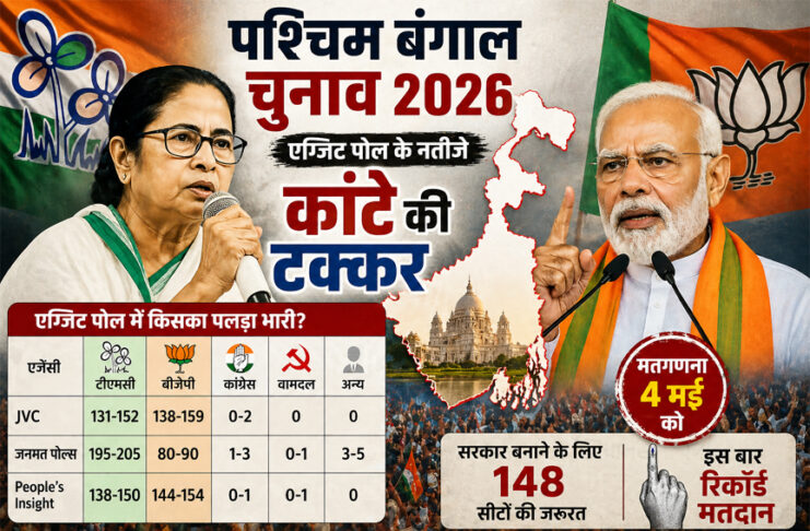 पश्चिम बंगाल चुनाव 2026 एग्जिट पोल में ममता बनर्जी और नरेंद्र मोदी के बीच कांटे की टक्कर दिखाती फीचर इमेज