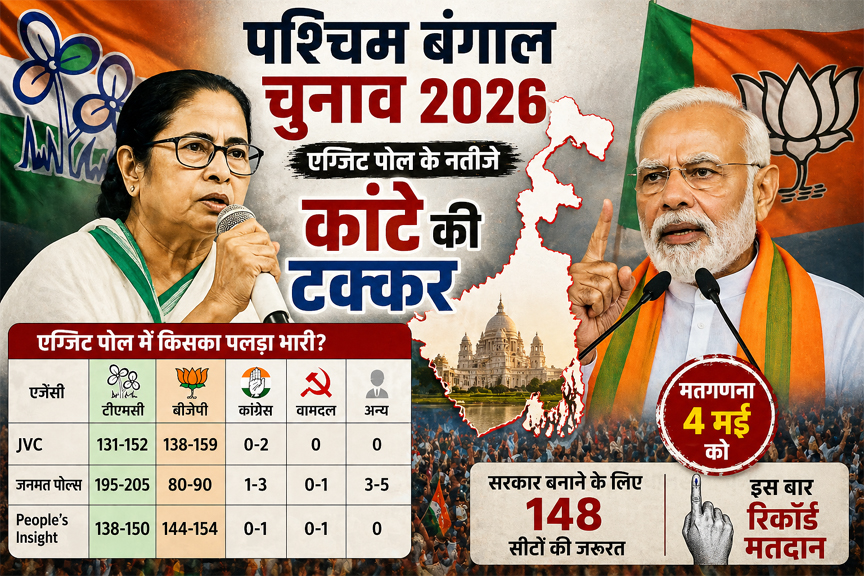 पश्चिम बंगाल चुनाव 2026 एग्जिट पोल में ममता बनर्जी और नरेंद्र मोदी के बीच कांटे की टक्कर दिखाती फीचर इमेज