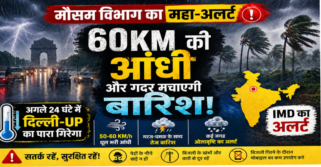 60KM की आंधी और तेज बारिश का अलर्ट: अगले 24 घंटे में बदलेगा मौसम, IMD की चेतावनी