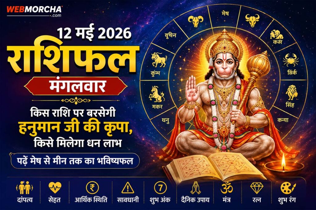 12 मई 2026 मंगलवार का दैनिक राशिफल दांपत्य, सेहत, आर्थिक स्थिति, सावधानी, शुभ अंक, उपाय, मंत्र, रत्न और रंग के साथ पढ़ें मेष से मीन तक का आज का राशिफल