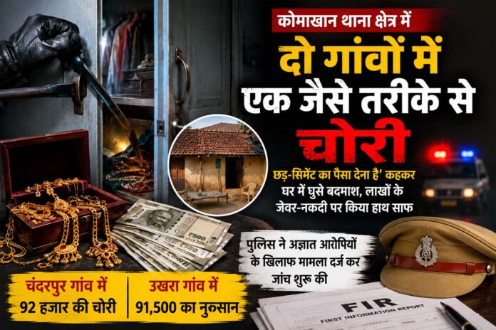 कोमाखान थाना क्षेत्र में अनोखे अंदाज में चोरी: ‘छड़-सिमेंट का पैसा देना है’ कहकर घर में घुसे बदमाश, दो गांवों में लाखों के जेवर-नकदी पार