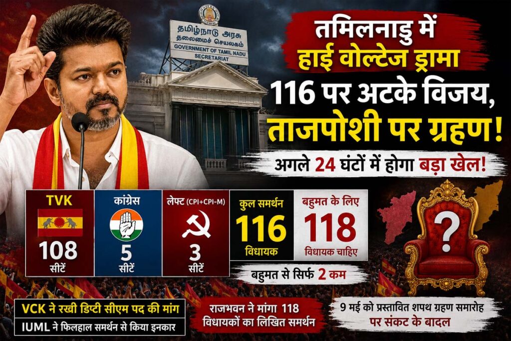 तमिलनाडु में सत्ता का सस्पेंस: बहुमत से 2 कदम दूर विजय, सरकार गठन पर संकट गहराया