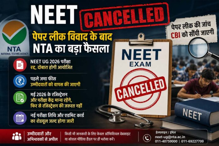 NEET Cancelled 2026: पेपर लीक विवाद के बाद NTA का बड़ा फैसला, परीक्षा रद्द; CBI करेगी जांच