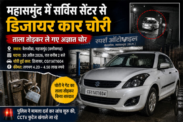 महासमुंद में सर्विस सेंटर से डिजायर कार चोरी, रात में ताला तोड़कर अज्ञात चोर ले गए वाहन