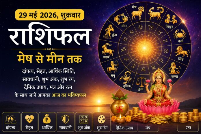 29 मई 2026 शुक्रवार राशिफल: मेष से मीन तक जानिए दांपत्य, सेहत, धन लाभ, शुभ रंग, मंत्र और दैनिक उपाय