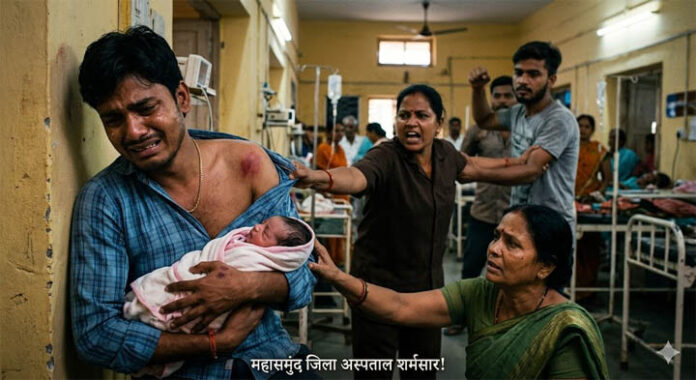 महासमुंद जिला अस्पताल के प्रसूति वार्ड में नवजात बच्ची को सीने से लगाए एक पीड़ित पिता, जिसके चेहरे पर दर्द और आंसू हैं और कंधे पर चोट का निशान दिख रहा है। अस्पताल का माहौल अस्त-व्यस्त है।