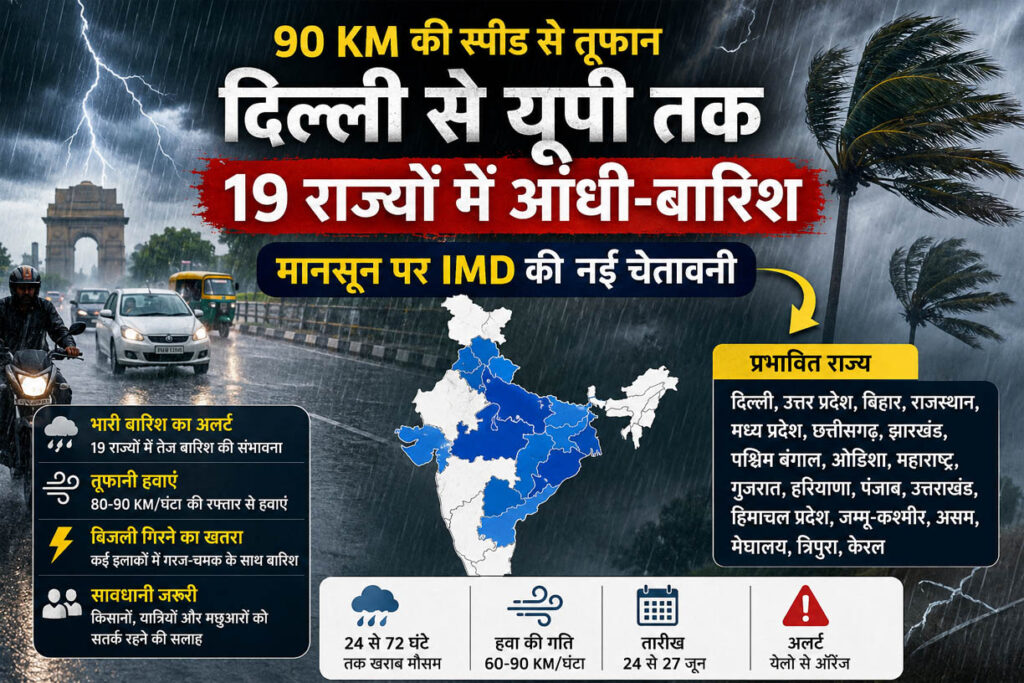 Weather Alert: 90 किमी प्रति घंटे की रफ्तार से चलेगा तूफान, दिल्ली-यूपी समेत 19 राज्यों में भारी बारिश का अलर्ट, मानसून को लेकर IMD की बड़ी चेतावनी