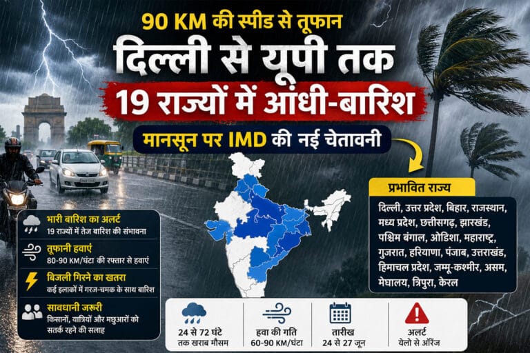 Weather Alert: 90 किमी प्रति घंटे की रफ्तार से चलेगा तूफान, दिल्ली-यूपी समेत 19 राज्यों में भारी बारिश का अलर्ट, मानसून को लेकर IMD की बड़ी चेतावनी