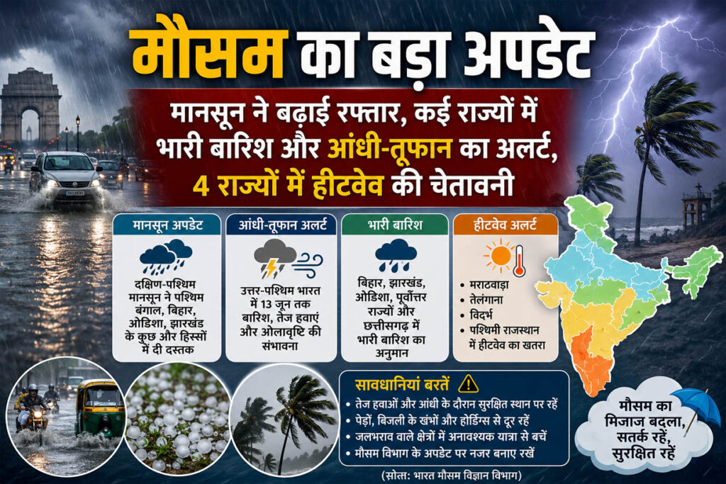 मानसून ने बढ़ाई रफ्तार, कई राज्यों में भारी बारिश और आंधी-तूफान का अलर्ट, 4 राज्यों में हीटवेव की चेतावनी