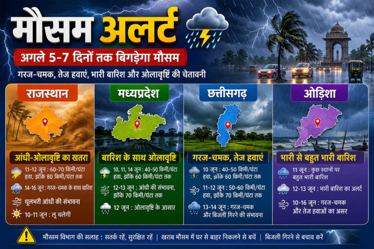 मौसम अलर्ट: राजस्थान में आंधी-ओलावृष्टि, छत्तीसगढ़-मध्यप्रदेश में गरज चमक, ओडिशा में भारी बारिश की चेतावनी