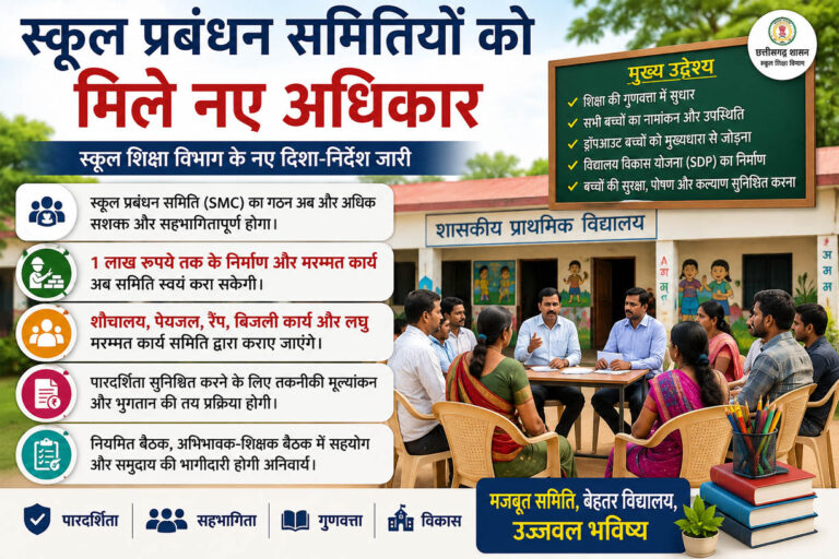 छत्तीसगढ़ में स्कूल प्रबंधन समितियों को मिले नए अधिकार, 1 लाख रुपये तक के निर्माण कार्य अब स्वयं करा सकेंगी