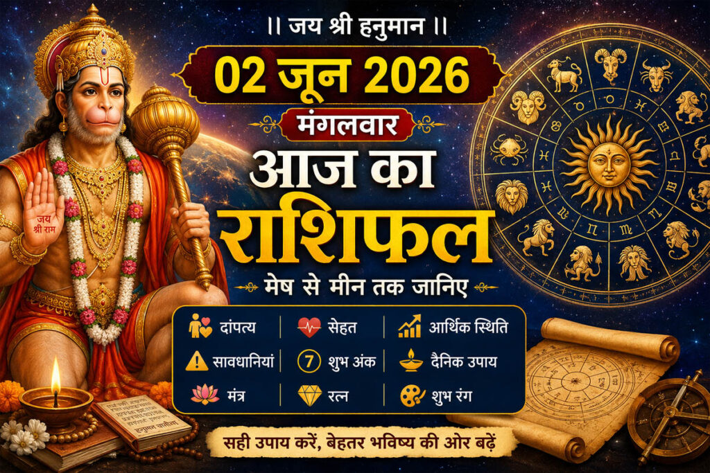 दांपत्य, सेहत, आर्थिक, सावधानी, शुभ अंक, दैनिक उपाय, मंत्र, रत्न और रंग के साथ 02 जून 2026 का मंगलवार राशिफल : मेष से मीन तक विस्तार से दीजिए
