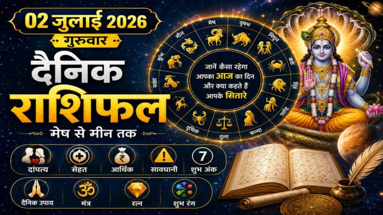 02 जुलाई 2026, गुरुवार का दैनिक राशिफल, दांपत्य, सेहत, आर्थिक, सावधानी, शुभ अंक, दैनिक उपाय, मंत्र, रत्न और शुभ रंग के साथ मेष से मीन तक विस्तृत राशिफल