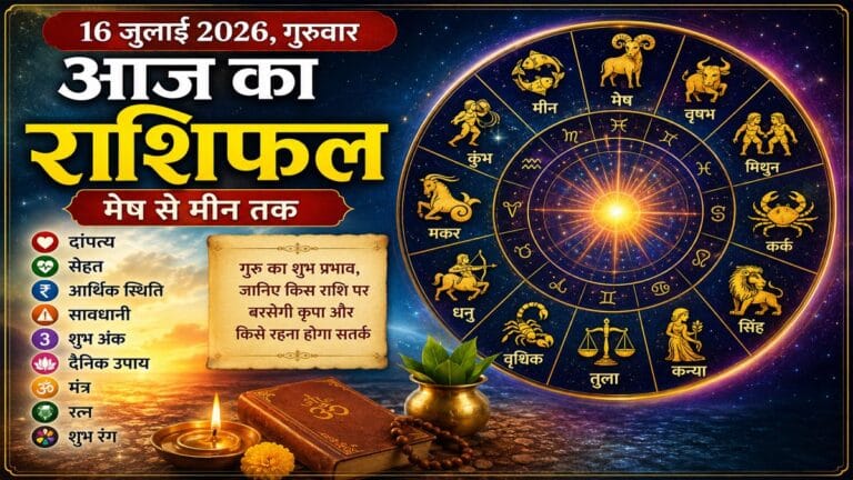 16 जुलाई 2026 राशिफल: मेष से मीन तक जानें दांपत्य, सेहत, धन, करियर, शुभ अंक, रंग और आज का उपाय