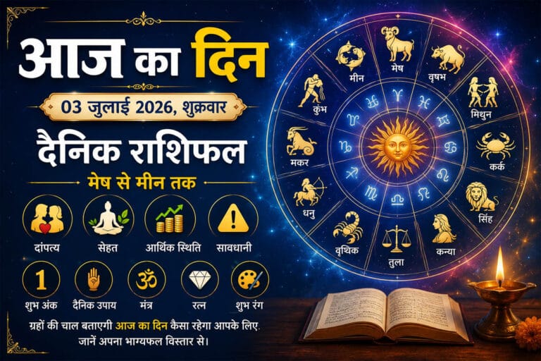 आज का दिन: 03 जुलाई 2026 शुक्रवार का राशिफल – मेष से मीन तक जानें दांपत्य, सेहत, आर्थिक स्थिति, शुभ अंक, उपाय, मंत्र, रत्न और शुभ रंग