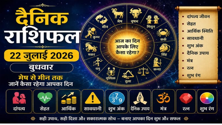 22 जुलाई 2026 राशिफल: मेष से मीन तक जानें कैसा रहेगा आपका बुधवार, पढ़ें दांपत्य, सेहत, आर्थिक स्थिति, शुभ अंक और उपाय