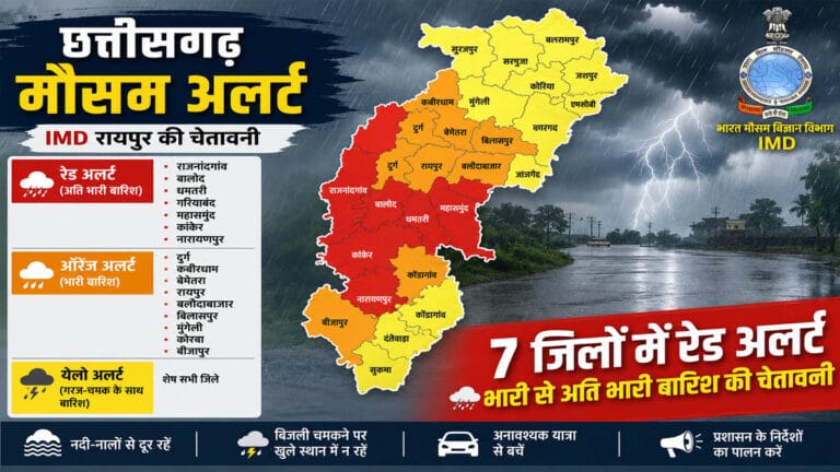 मौसम अलर्ट: छत्तीसगढ़ के 7 जिलों में रेड अलर्ट, कई जिलों में भारी से अति भारी बारिश की चेतावनी