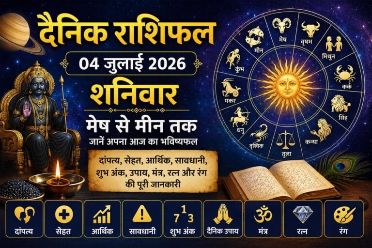 दैनिक राशिफल 04 जुलाई 2026: शनिवार का दिन कैसा रहेगा? मेष से मीन तक जानें प्रेम, करियर, धन, सेहत और शुभ उपाय