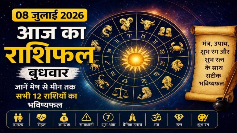 Daily Horoscope 08 जुलाई 2026, बुधवार: मेष से मीन तक जानें कैसा रहेगा आपका दिन, दांपत्य, सेहत, धन, शुभ रंग और उपाय