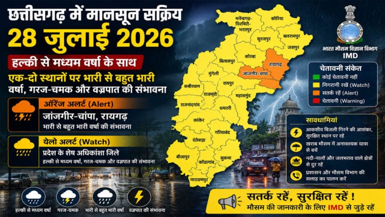 Weather Alert: छत्तीसगढ़ में आज मानसून रहेगा सक्रिय, जांजगीर-चांपा और रायगढ़ में ऑरेंज अलर्ट, कई जिलों में गरज-चमक के साथ बारिश के आसार