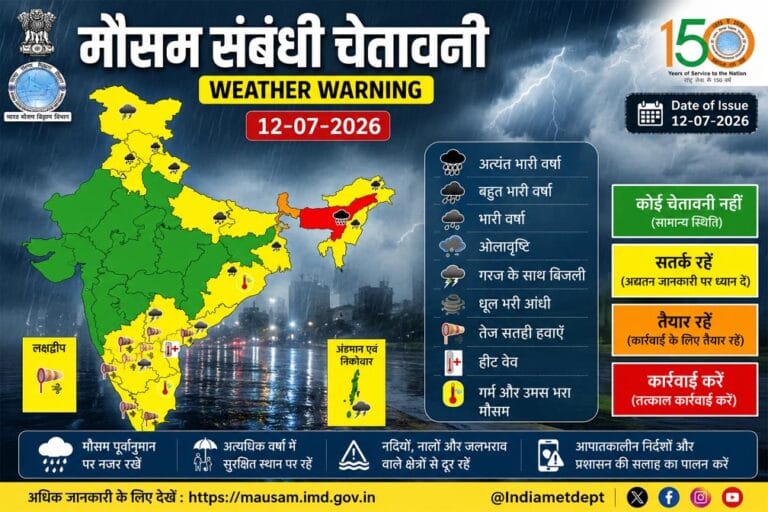 अगले 2–3 दिन पूर्वोत्तर, बिहार और बंगाल में भारी बारिश का अलर्ट, छत्तीसगढ़ में 14–15 जुलाई को भारी वर्षा की चेतावनी