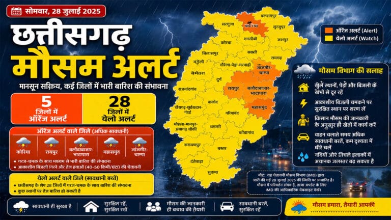 छत्तीसगढ़ मौसम अलर्ट: रायपुर, महासमुंद समेत 5 जिलों में ऑरेंज अलर्ट, गरज-चमक और तेज बारिश की चेतावनी