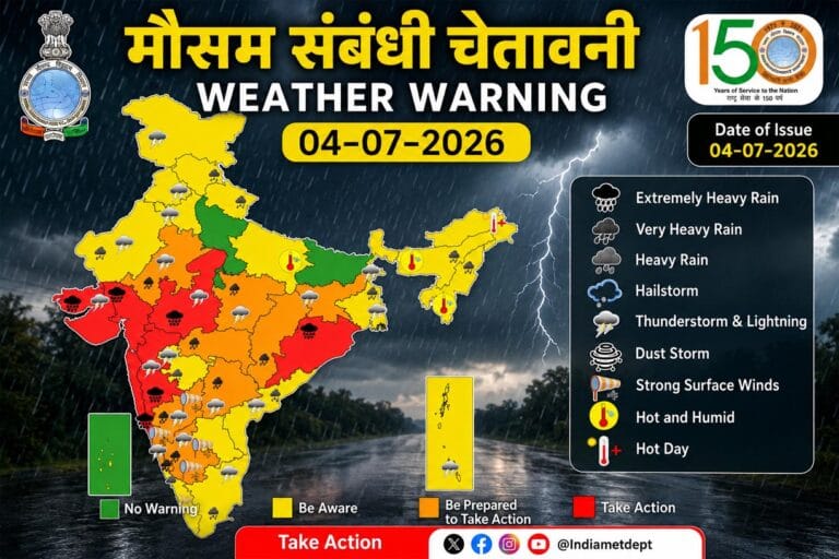 मौसम अलर्ट: देशभर में अगले 4–5 दिन भारी बारिश का खतरा, कई राज्यों में रेड अलर्ट, छत्तीसगढ़ में भी तेज बरसात के आसार