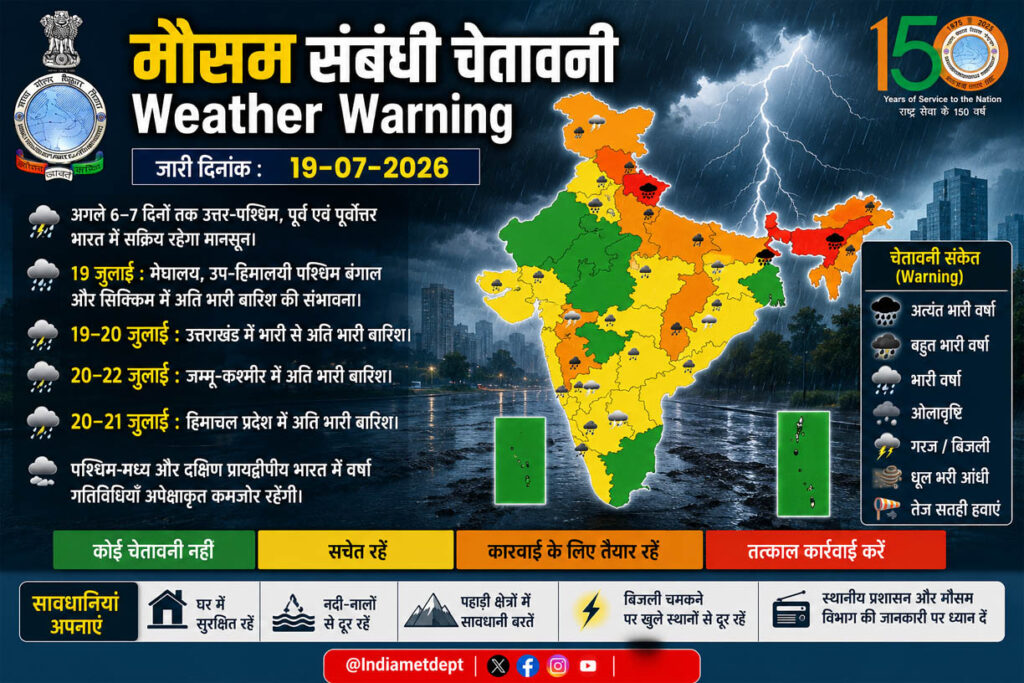 मौसम अलर्ट: अगले 6–7 दिन उत्तर, पूर्व और पूर्वोत्तर भारत में सक्रिय रहेगा मानसून, कई राज्यों में अति भारी बारिश की चेतावनी