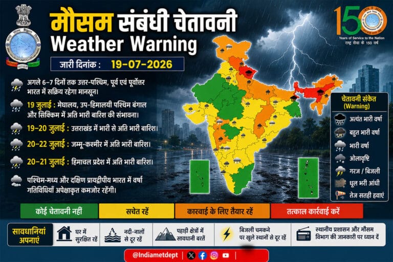 मौसम अलर्ट: अगले 6–7 दिन उत्तर, पूर्व और पूर्वोत्तर भारत में सक्रिय रहेगा मानसून, कई राज्यों में अति भारी बारिश की चेतावनी