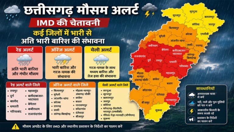 मौसम अलर्ट: छत्तीसगढ़ के कई जिलों में रेड, ऑरेंज और येलो अलर्ट जारी, IMD ने भारी से अति भारी बारिश की चेतावनी दी