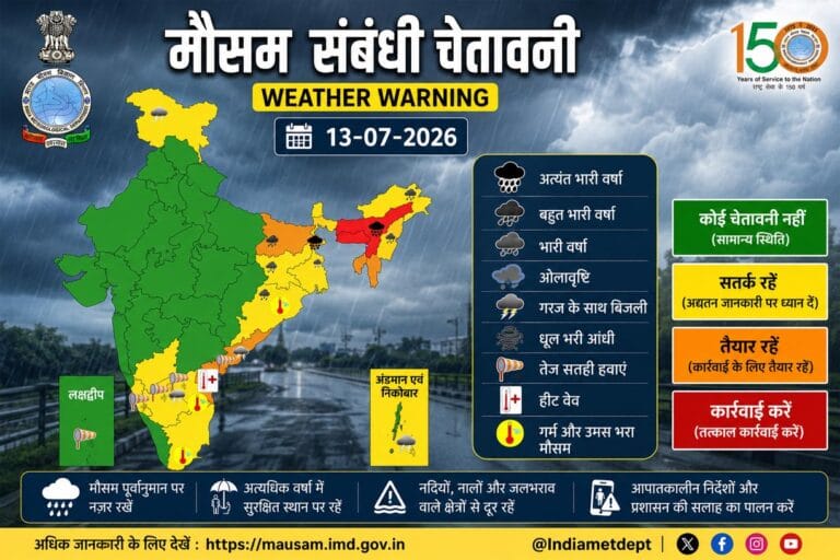 IMD Alert: पूर्वोत्तर, बिहार और पश्चिम बंगाल में भारी से बहुत भारी बारिश जारी, छत्तीसगढ़ में 14–15 जुलाई को भारी वर्षा की चेतावनी