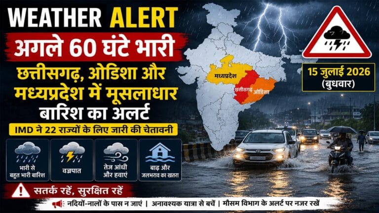 Weather Alert: छत्तीसगढ़-ओडिशा में अगले 60 घंटे भारी, मध्यप्रदेश के कई जिलों में मूसलाधार बारिश का अलर्ट, IMD ने 22 राज्यों को किया सतर्क