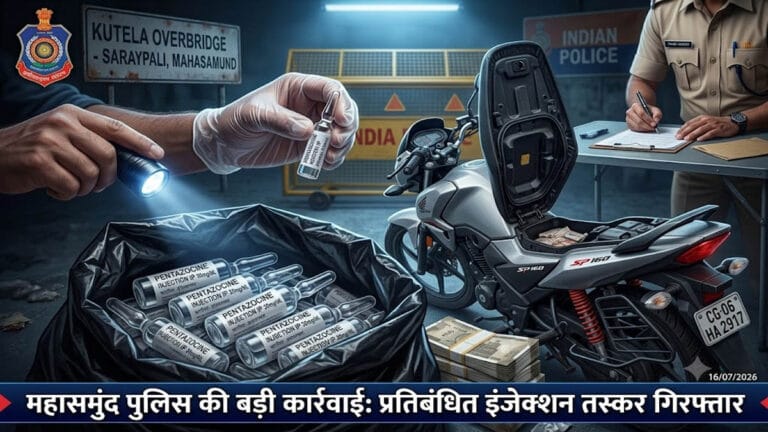 महासमुंद पुलिस की बड़ी कार्रवाई: सरायपाली में भारी मात्रा में प्रतिबंधित नशीले इंजेक्शन के साथ तस्कर गिरफ्तार, ओडिशा से जुड़े तार