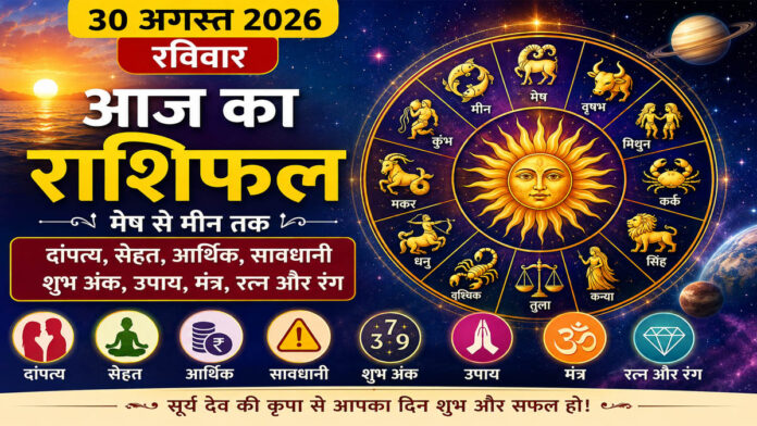 30 अगस्त 2026 रविवार राशिफल: सूर्य देव की कृपा से चमकेगा इन राशियों का भाग्य, जानिए मेष से मीन तक दांपत्य, सेहत, धन, उपाय, मंत्र, रत्न और शुभ रंग