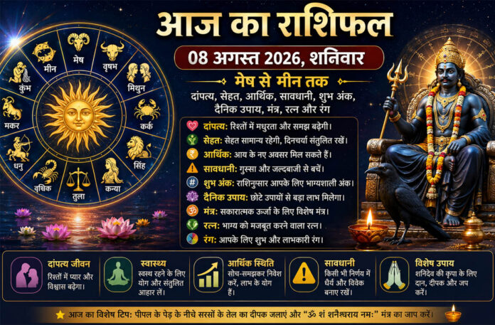 08 अगस्त 2026 शनिवार : आज का राशिफल, मेष से मीन तक जानें दांपत्य, सेहत, आर्थिक स्थिति, सावधानी, शुभ अंक, दैनिक उपाय, मंत्र, रत्न और रंग