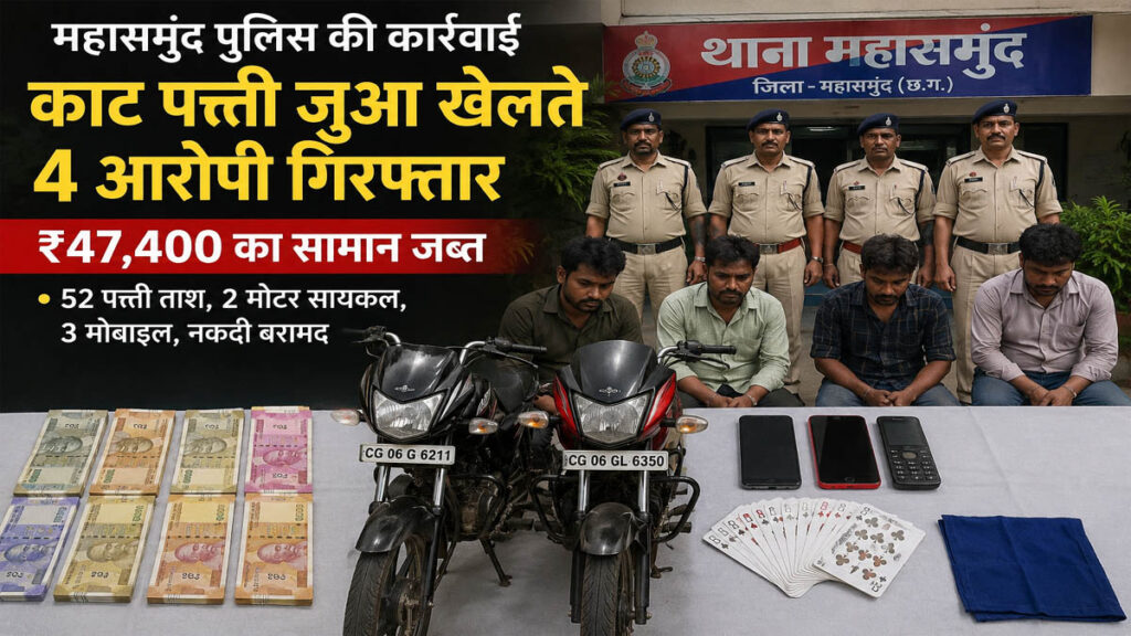 महासमुंद में काट पत्ती जुआ खेलते चार गिरफ्तार, ₹47,400 का सामान जब्त