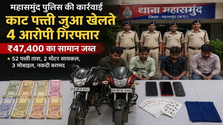 महासमुंद में काट पत्ती जुआ खेलते चार गिरफ्तार, ₹47,400 का सामान जब्त